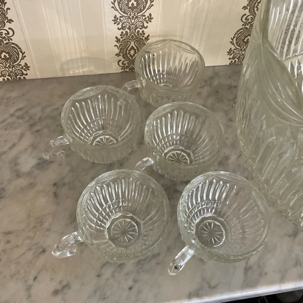 Vintage Indiana Glass Company Royal Drape Punch Bowl Set 10‎ Ribbed Hooked Cups
